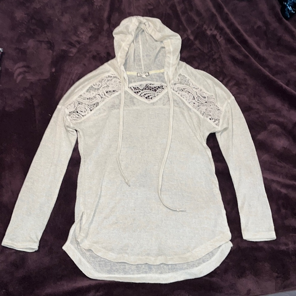 Light Weight Cream Sweater with hood and Crochet embellishments- Size Small